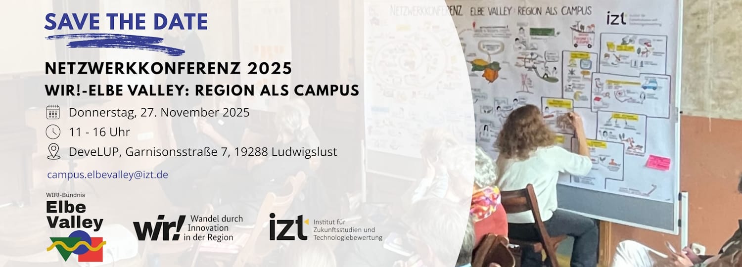 Save-the-Date fuer die Netzwerkkonferenz Elbe Valley: Region als Campus. Text mit Bild